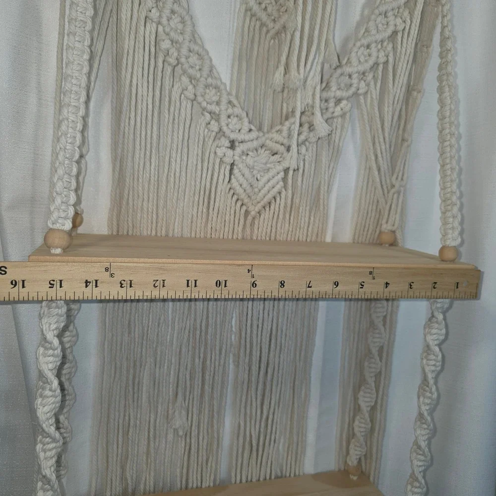Boho Macrame Wall Hanging Shelf 2 Tier Wood Floating Plant Hanger Cream Cotton